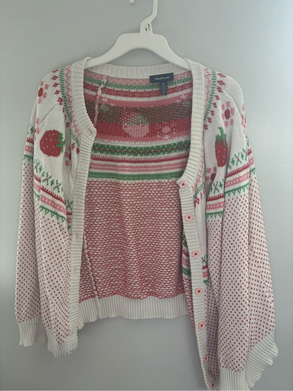 ModCloth Strawberry Pattern Cotton Blend Cardigan Sweater - Pink & White
